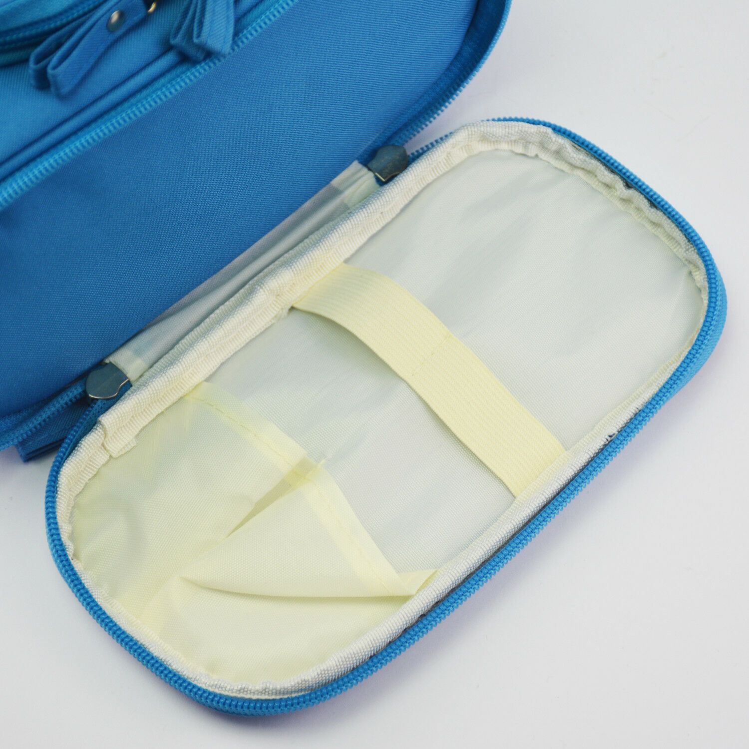 New Travel Cosmetic Makeup Bag in blue, featuring multiple compartments and a folding design for easy storage.