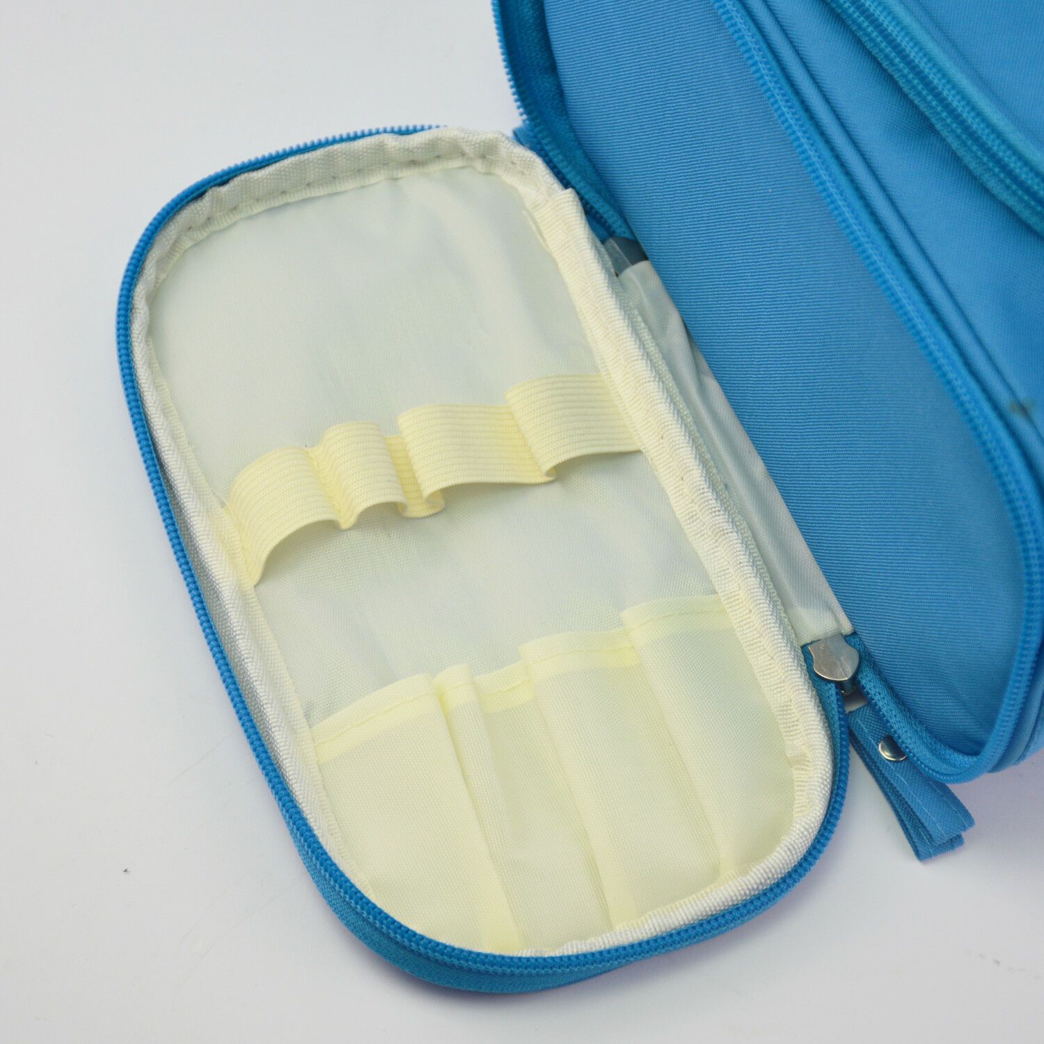 New Travel Cosmetic Makeup Bag in blue, featuring multiple compartments and a folding design for easy storage.