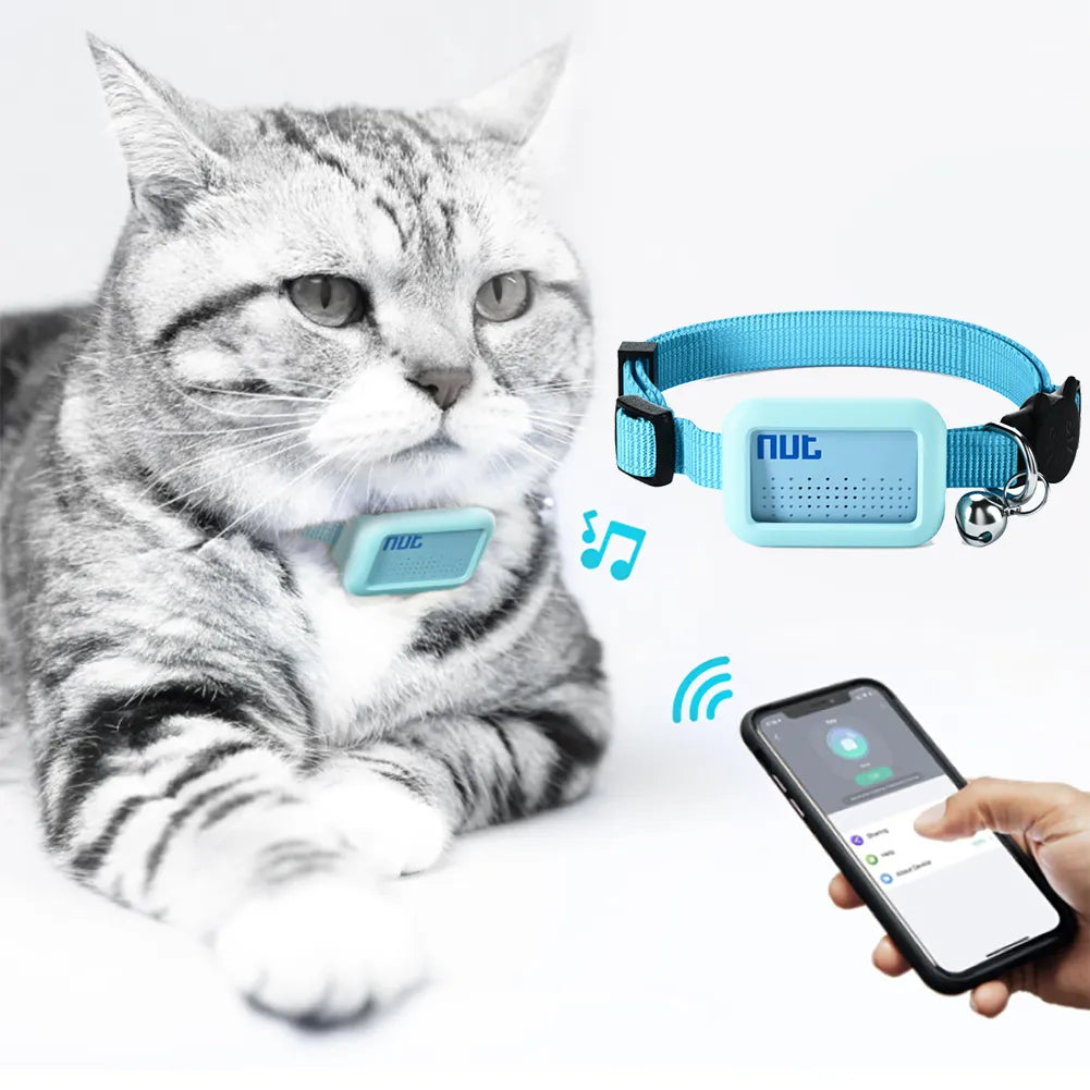 A blue waterproof GPS Bluetooth locator collar designed for pets, featuring an adjustable strap and a small tracker device.