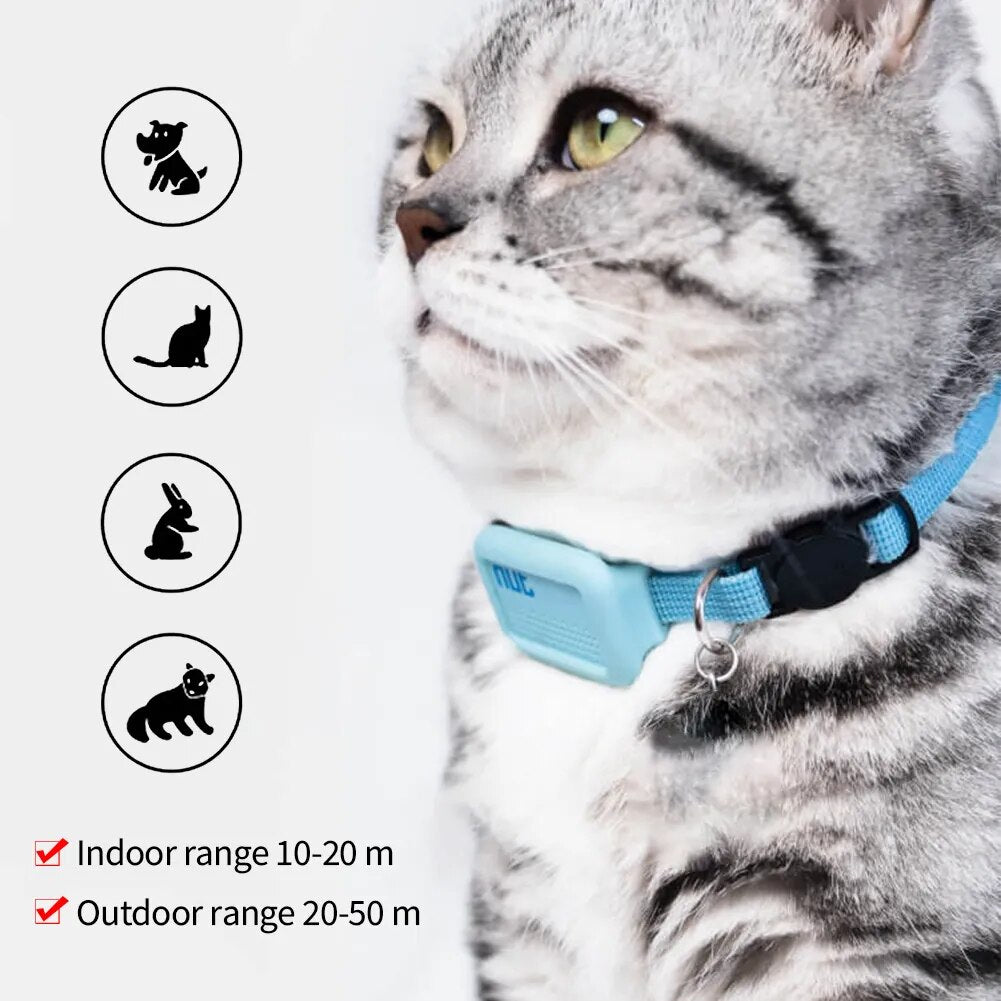 A blue waterproof GPS Bluetooth locator collar designed for pets, featuring an adjustable strap and a small tracker device.