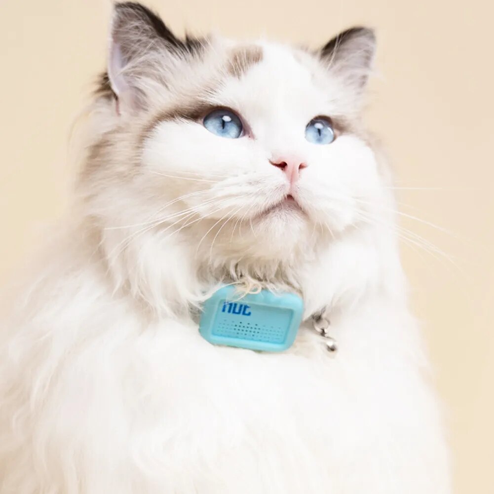 A blue waterproof GPS Bluetooth locator collar designed for pets, featuring an adjustable strap and a small tracker device.