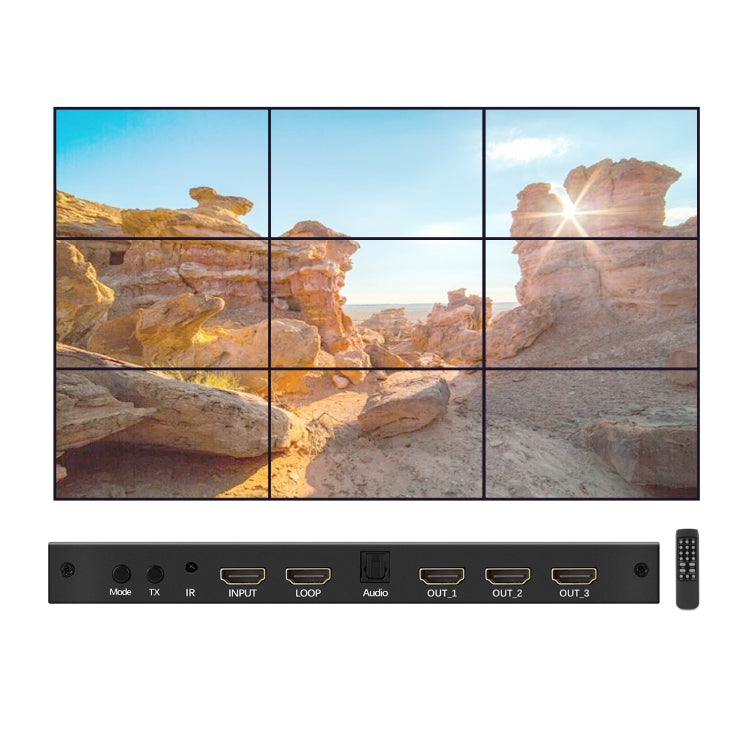 NK-330 3x3 4K Video Wall Controller Splitter with multiple HDMI and DVI inputs, showcasing its sleek design and functionality.