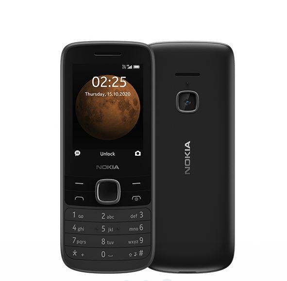 Nokia 225 4G Black mobile phone showcasing its 2.4' display and sleek design.