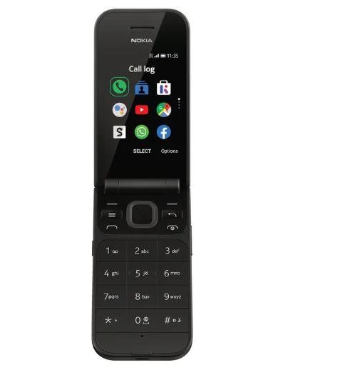 Nokia 2720 4G Flip Phone in black color, showcasing its compact design and 2.8-inch screen.