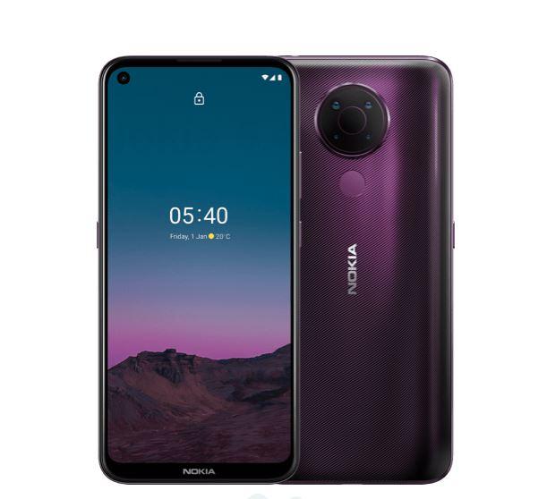 Nokia 5.4 smartphone in purple color showcasing its 6.39'' HD+ display and 48MP Quad camera.