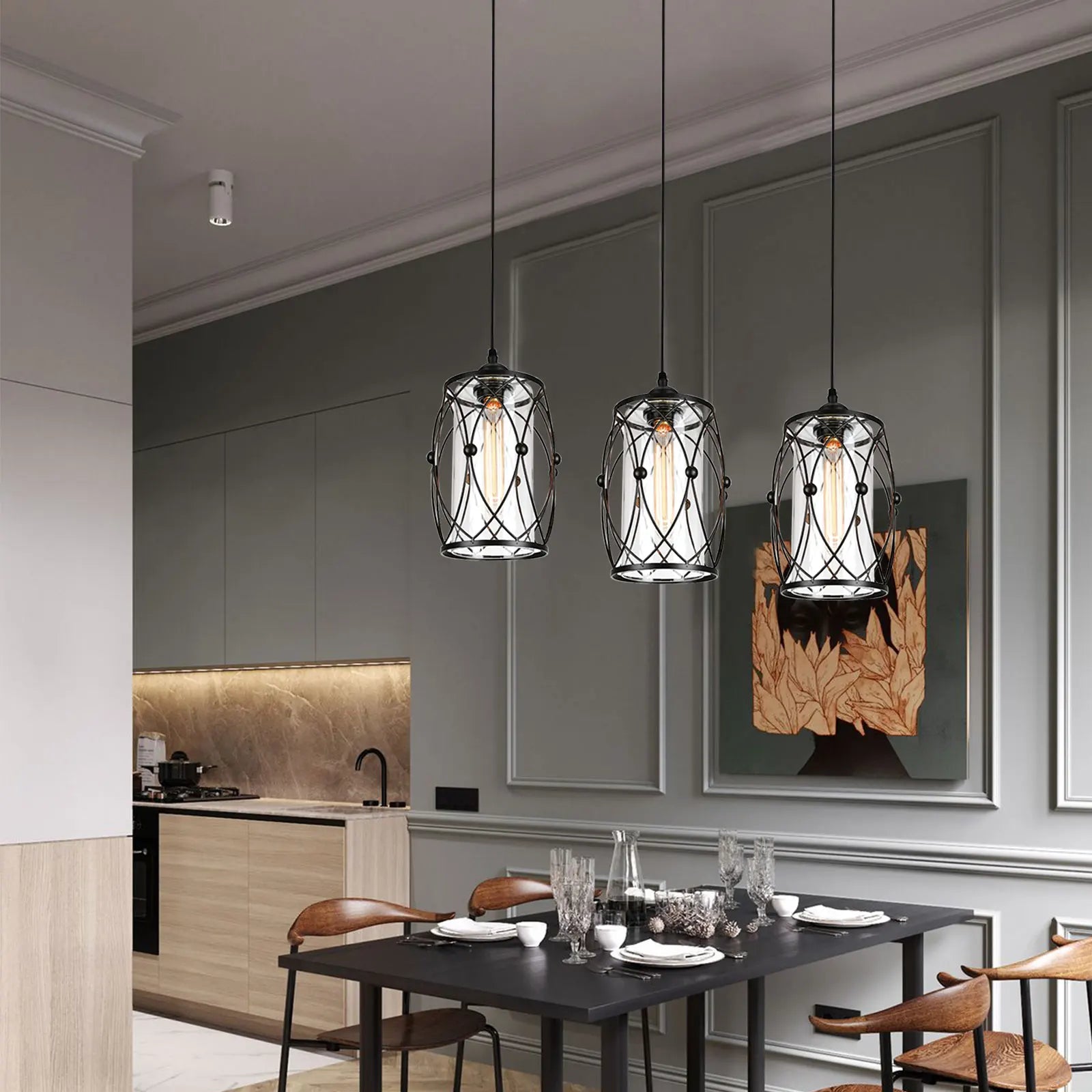 Nordic Minimalist Rustic Industrial Pendant Lamp with black iron cage design, perfect for kitchens and living spaces.