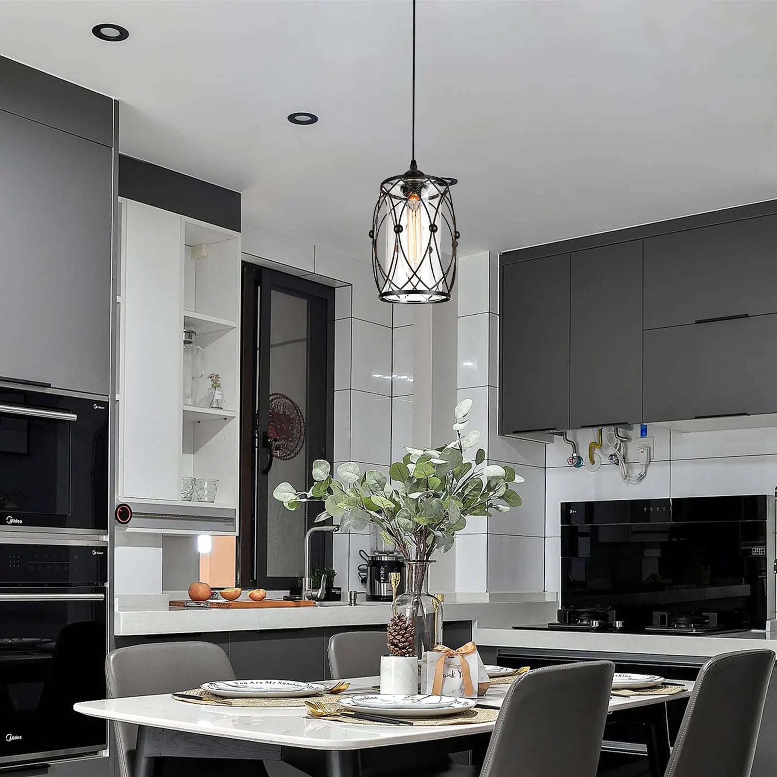 Nordic Minimalist Rustic Industrial Pendant Lamp with black iron cage design, perfect for kitchens and living spaces.