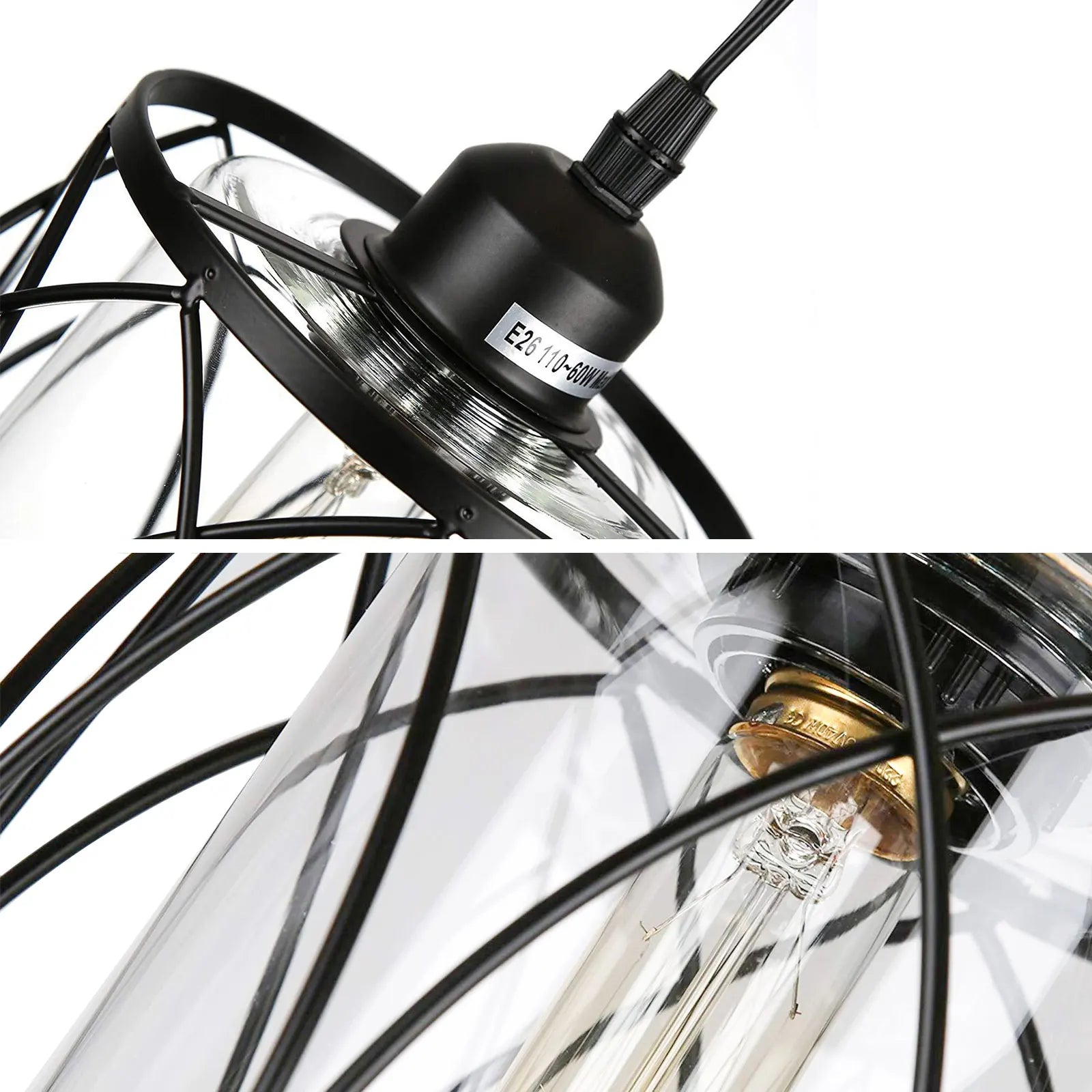 Nordic Minimalist Rustic Industrial Pendant Lamp with black iron cage design, perfect for kitchens and living spaces.