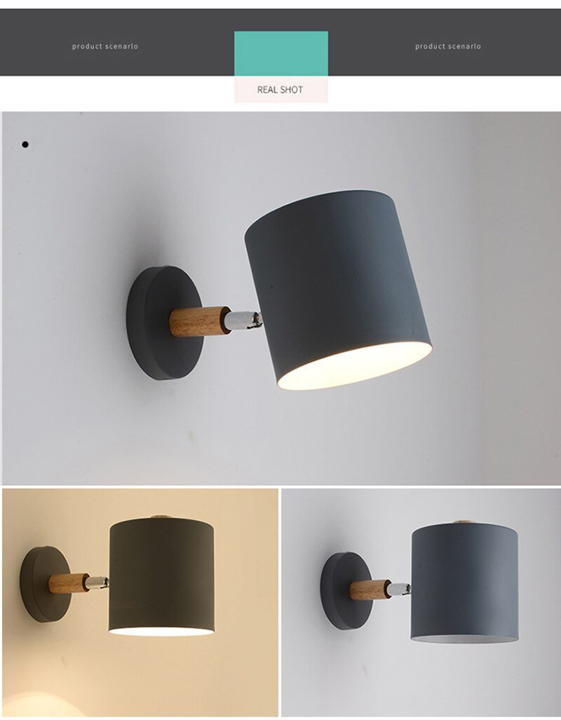 Nordic modern E27 LED wall lamp in various colors, showcasing its adjustable design and modern aesthetic.