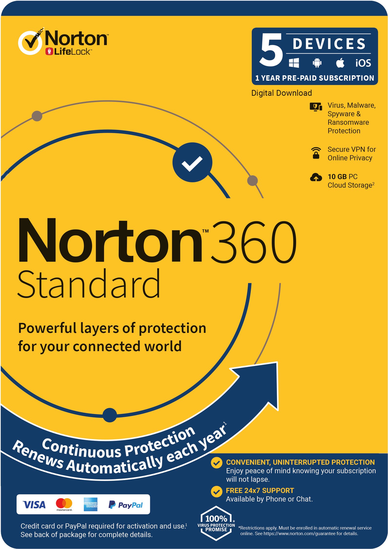 Norton 360 Standard product packaging showcasing features for 1 user and 5 devices with 10GB secure storage.