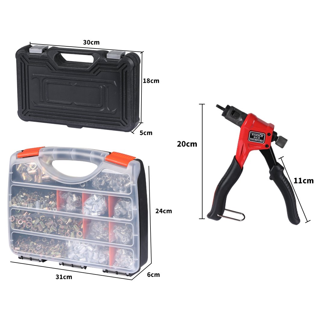 Nut Riveter Kit featuring a heavy-duty riveting gun, ergonomic handle, and a set of rivets in a portable case.