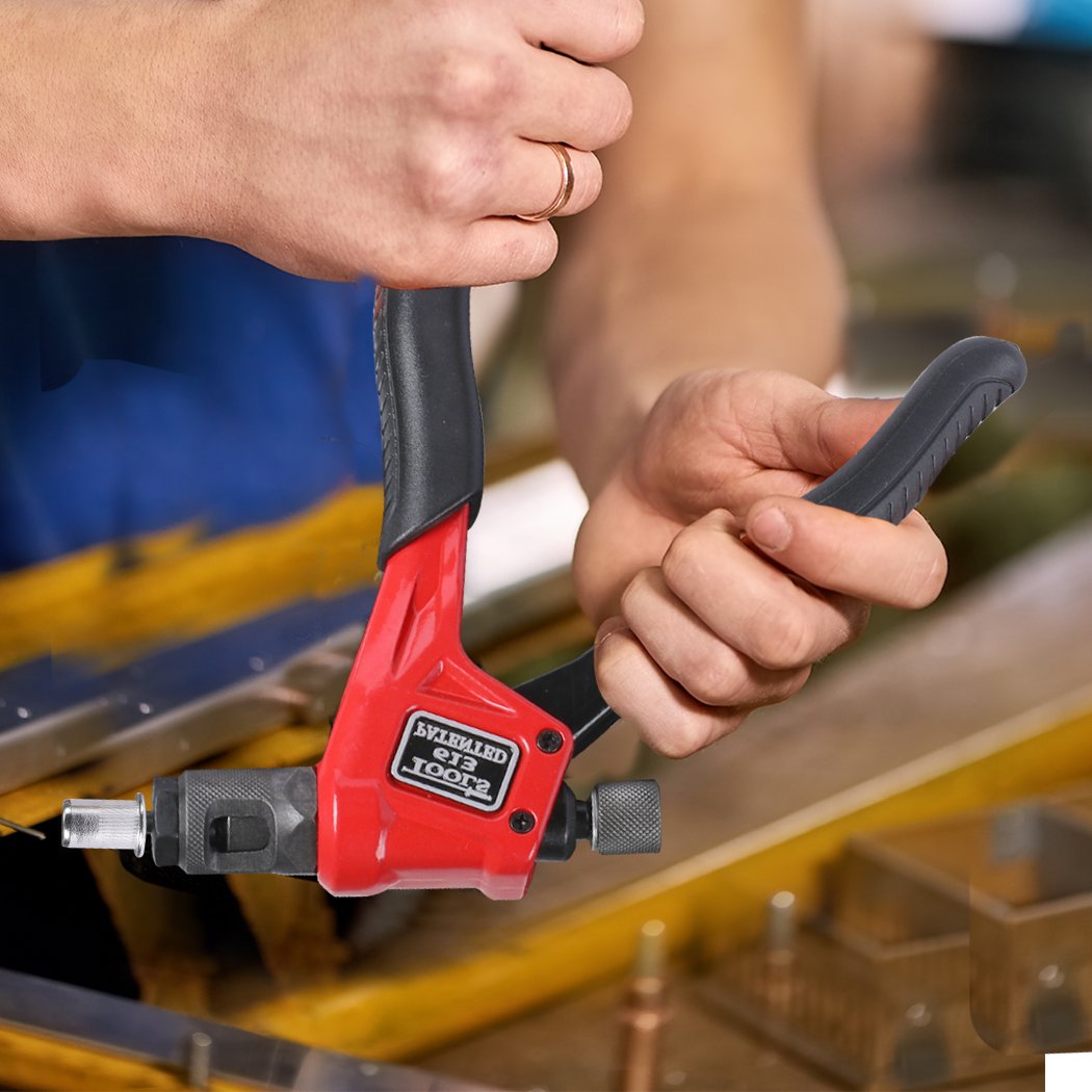 Nut Riveter Kit featuring a heavy-duty riveting gun, ergonomic handle, and a set of rivets in a portable case.