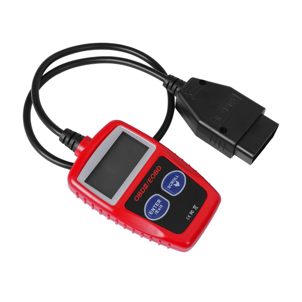 OBD2 Scanner Car Fault Code Reader with LCD backlit screen, compact design, and ergonomic connectors for easy vehicle diagnostics.