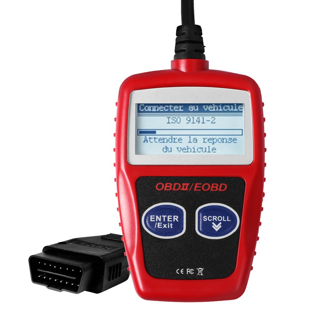 OBD2 Scanner Car Fault Code Reader with LCD backlit screen, compact design, and ergonomic connectors for easy vehicle diagnostics.