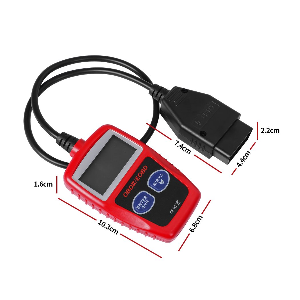 OBD2 Scanner Car Fault Code Reader with LCD backlit screen, compact design, and ergonomic connectors for easy vehicle diagnostics.