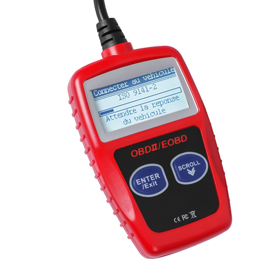 OBD2 Scanner Car Fault Code Reader with LCD backlit screen, compact design, and ergonomic connectors for easy vehicle diagnostics.