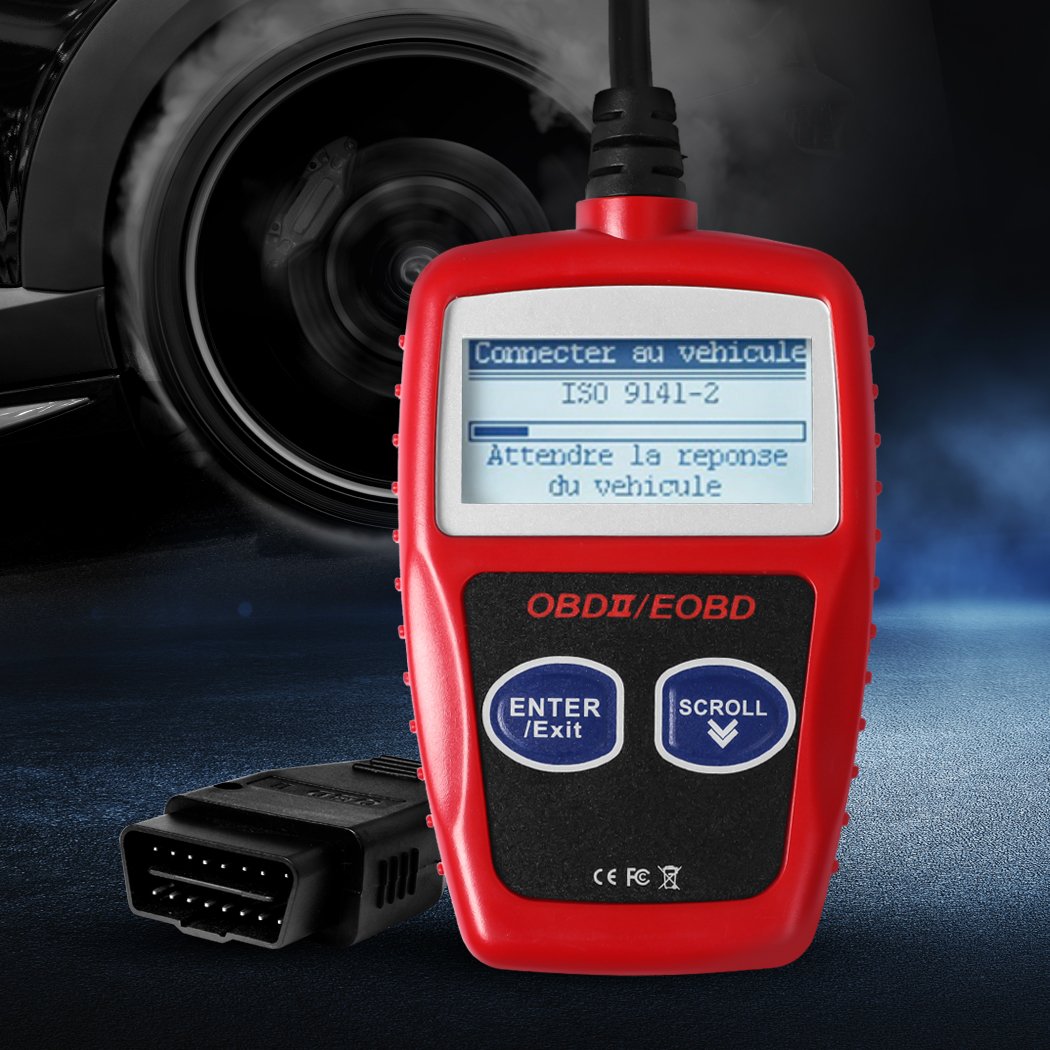 OBD2 Scanner Car Fault Code Reader with LCD backlit screen, compact design, and ergonomic connectors for easy vehicle diagnostics.