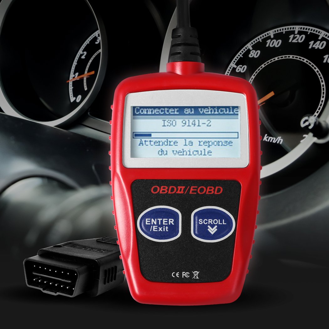 OBD2 Scanner Car Fault Code Reader with LCD backlit screen, compact design, and ergonomic connectors for easy vehicle diagnostics.