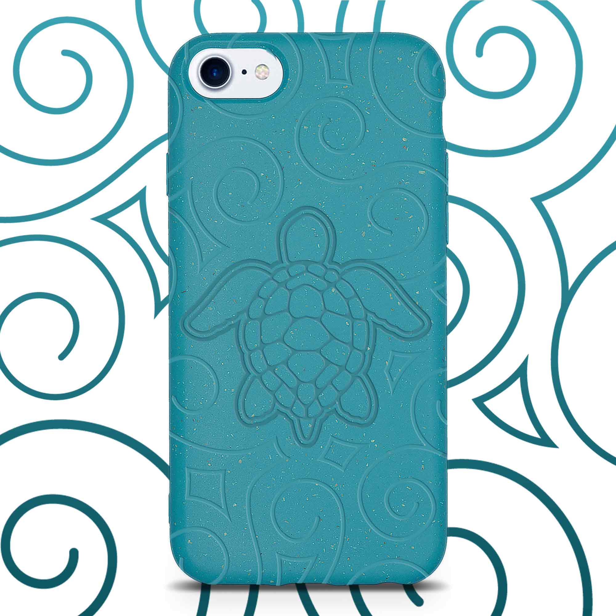 Ocean Turtle biodegradable phone case in ocean blue and black, showcasing its eco-friendly design and texture.