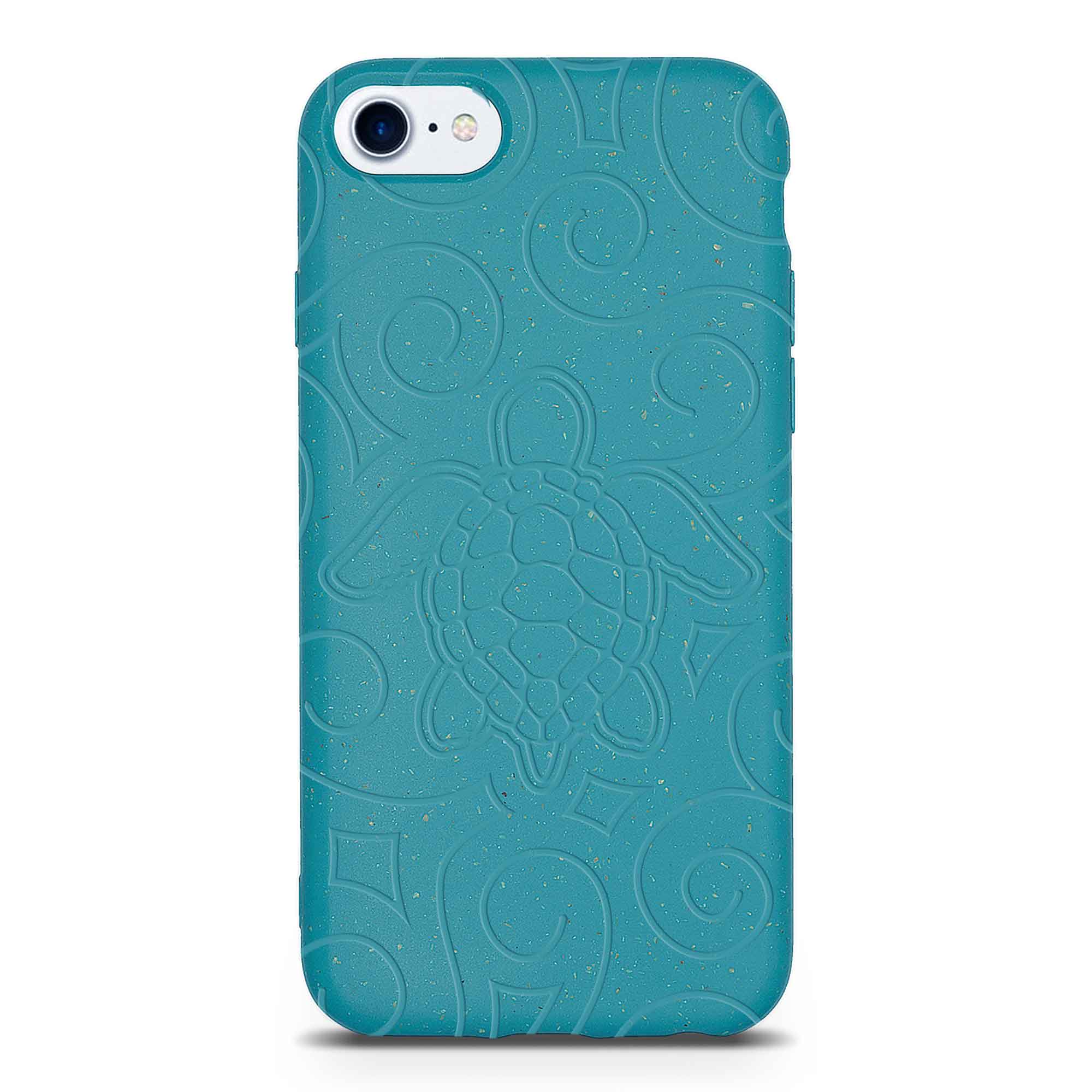 Ocean Turtle biodegradable phone case in ocean blue and black, showcasing its eco-friendly design and texture.