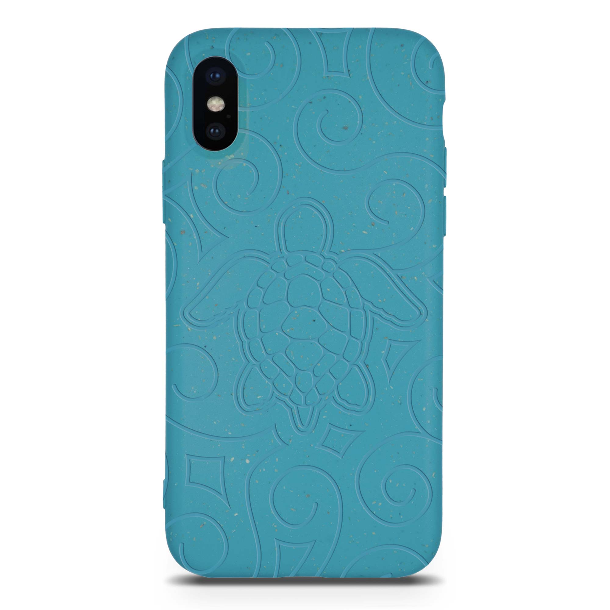 Ocean Turtle biodegradable phone case in ocean blue and black, showcasing its eco-friendly design and texture.