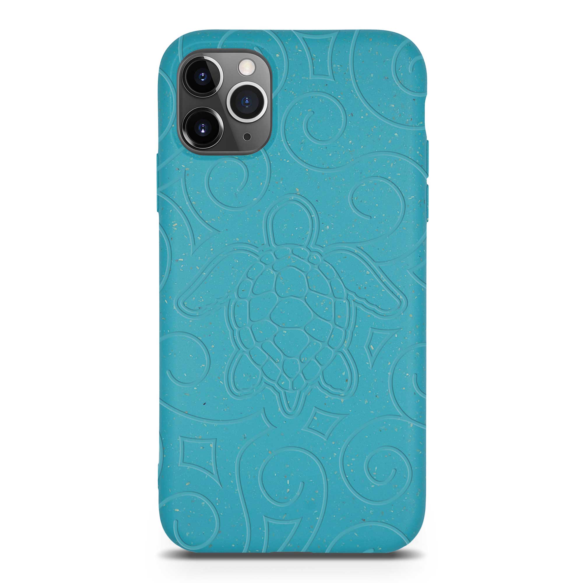 Ocean Turtle biodegradable phone case in ocean blue and black, showcasing its eco-friendly design and texture.