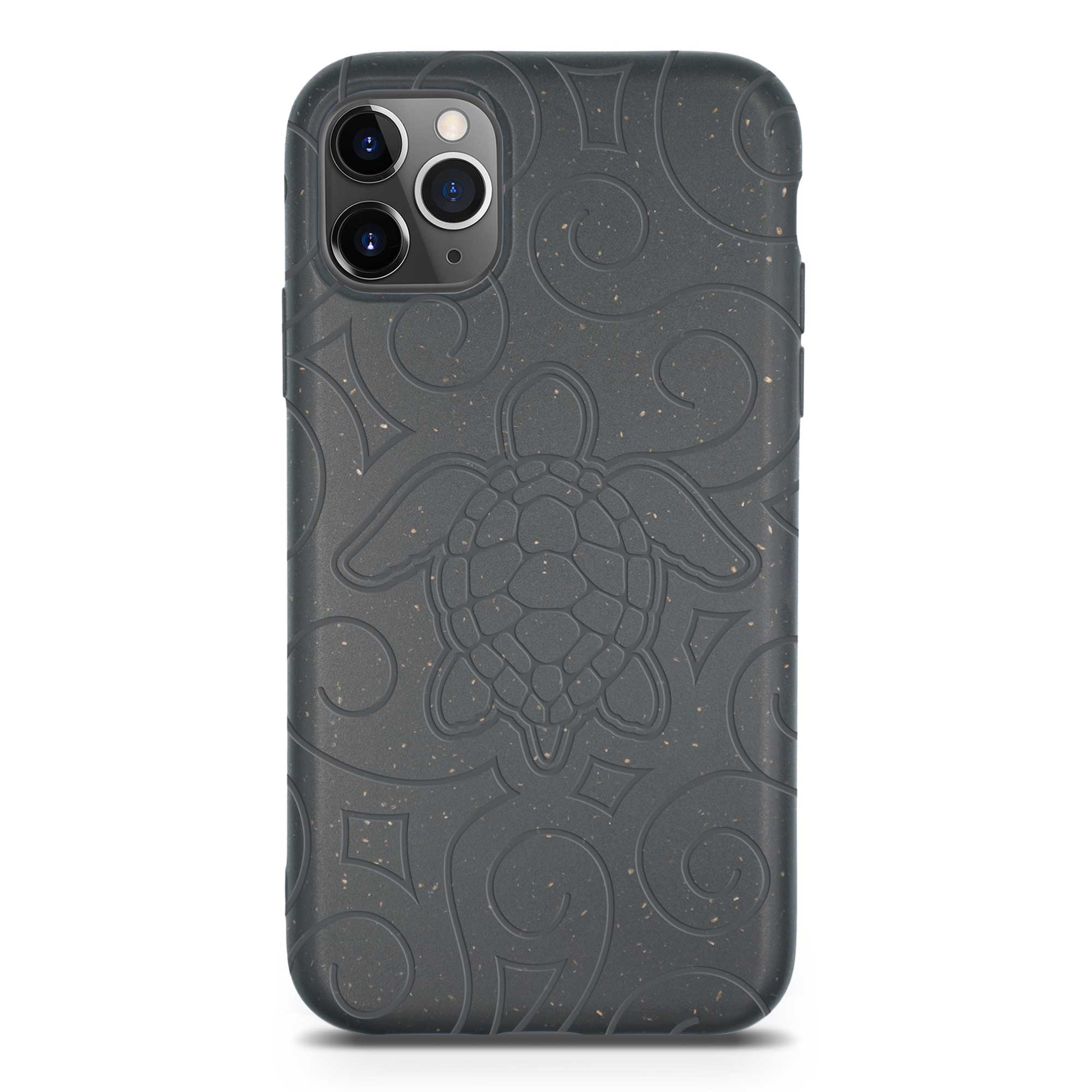 Ocean Turtle biodegradable phone case in ocean blue and black, showcasing its eco-friendly design and texture.