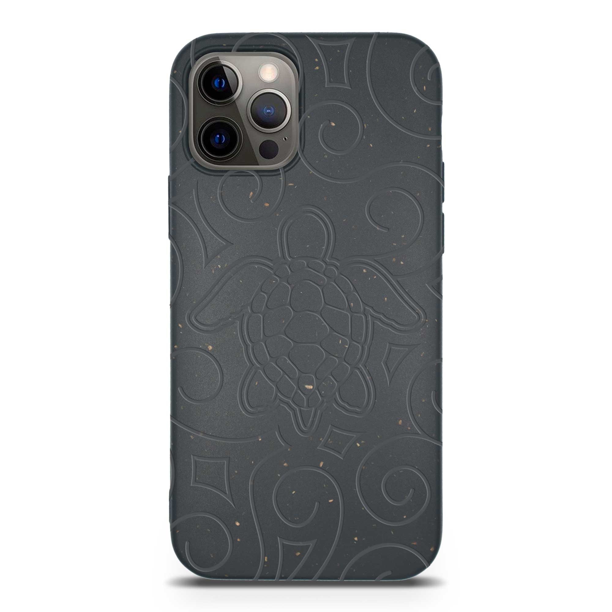 Ocean Turtle biodegradable phone case in ocean blue and black, showcasing its eco-friendly design and texture.