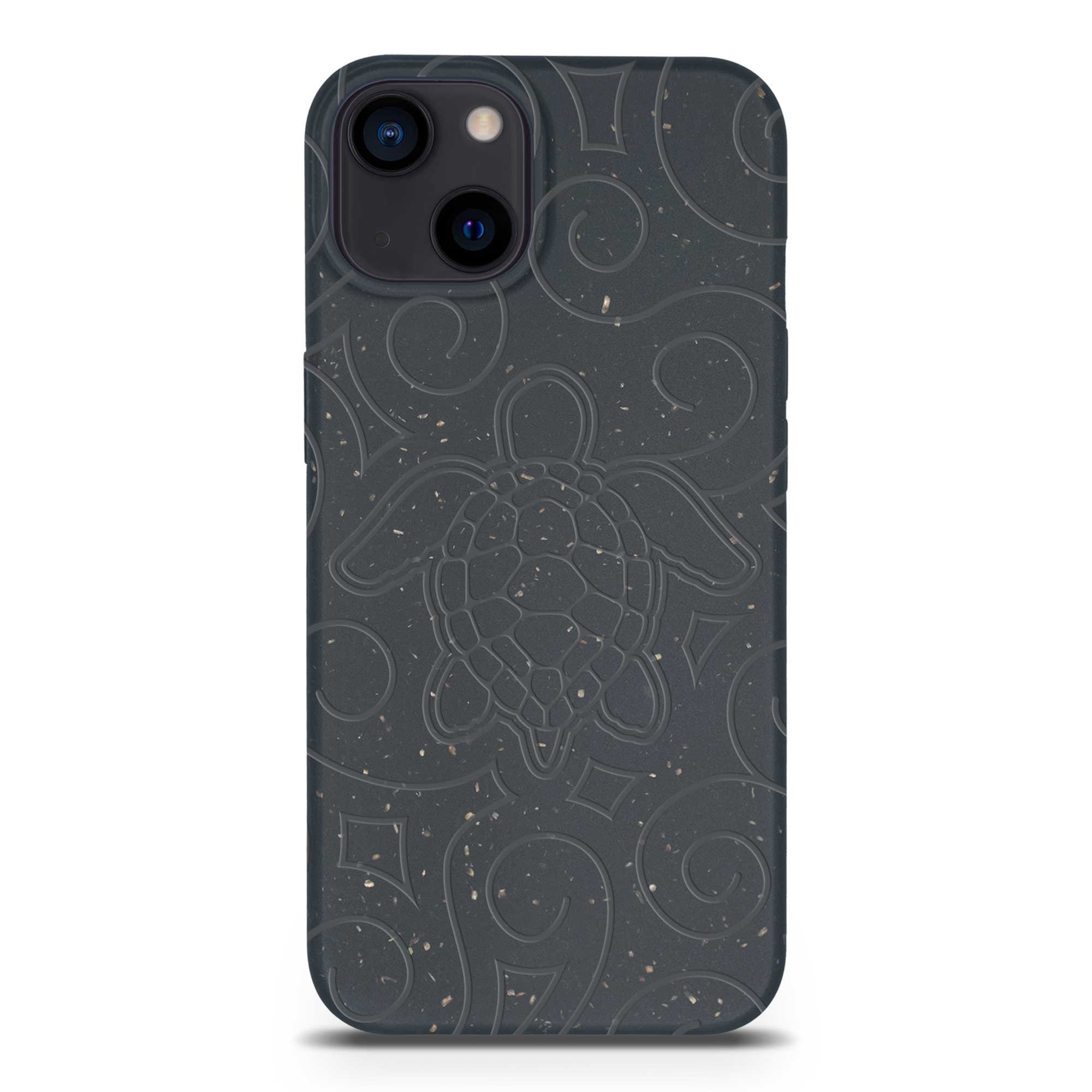 Ocean Turtle biodegradable phone case in ocean blue and black, showcasing its eco-friendly design and texture.