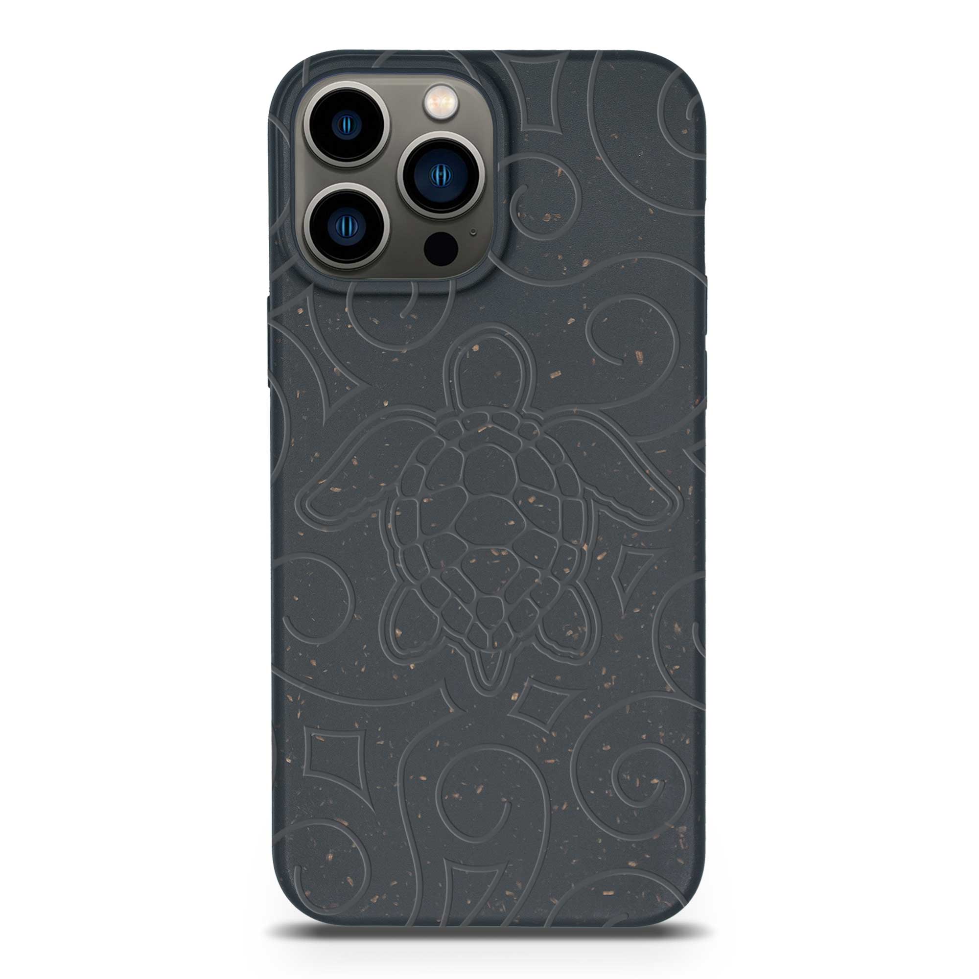 Ocean Turtle biodegradable phone case in ocean blue and black, showcasing its eco-friendly design and texture.