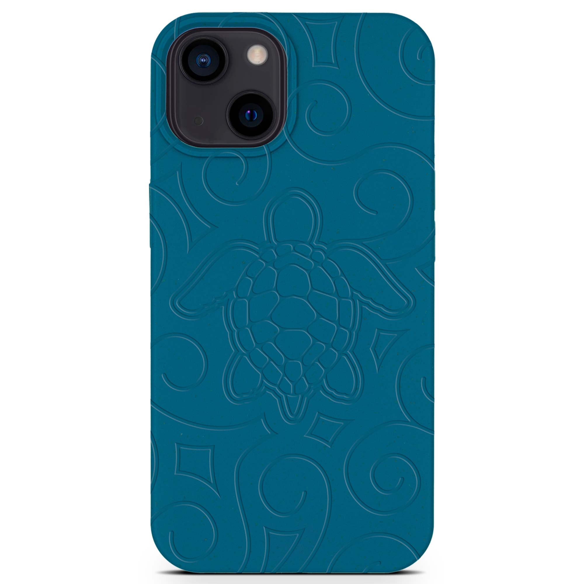 Ocean Turtle biodegradable phone case in ocean blue and black, showcasing its eco-friendly design and texture.