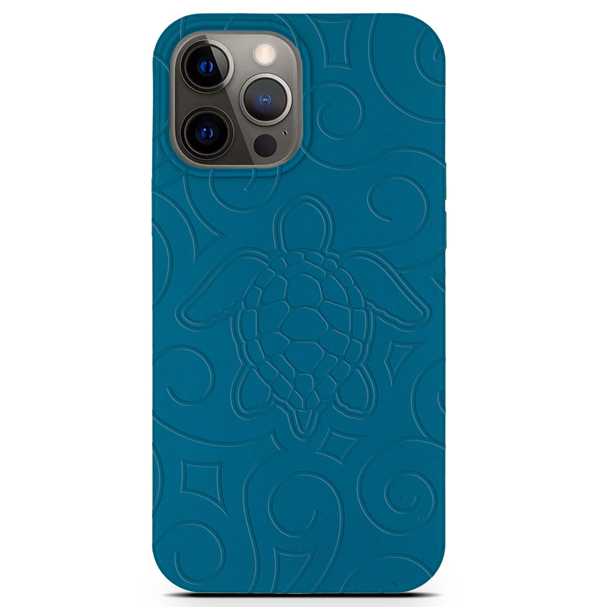 Ocean Turtle biodegradable phone case in ocean blue and black, showcasing its eco-friendly design and texture.