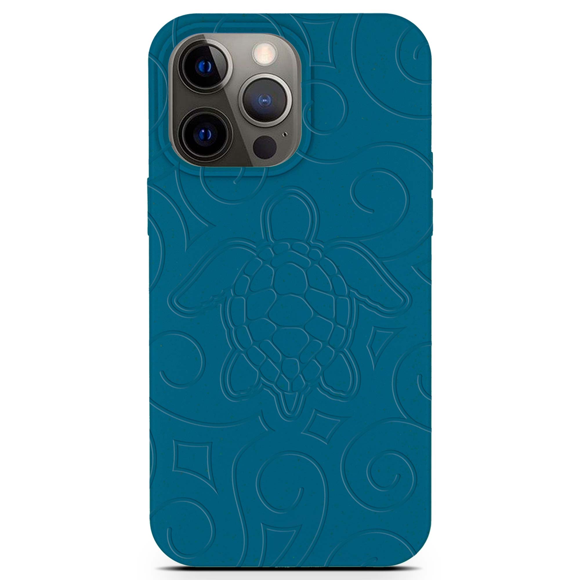 Ocean Turtle biodegradable phone case in ocean blue and black, showcasing its eco-friendly design and texture.