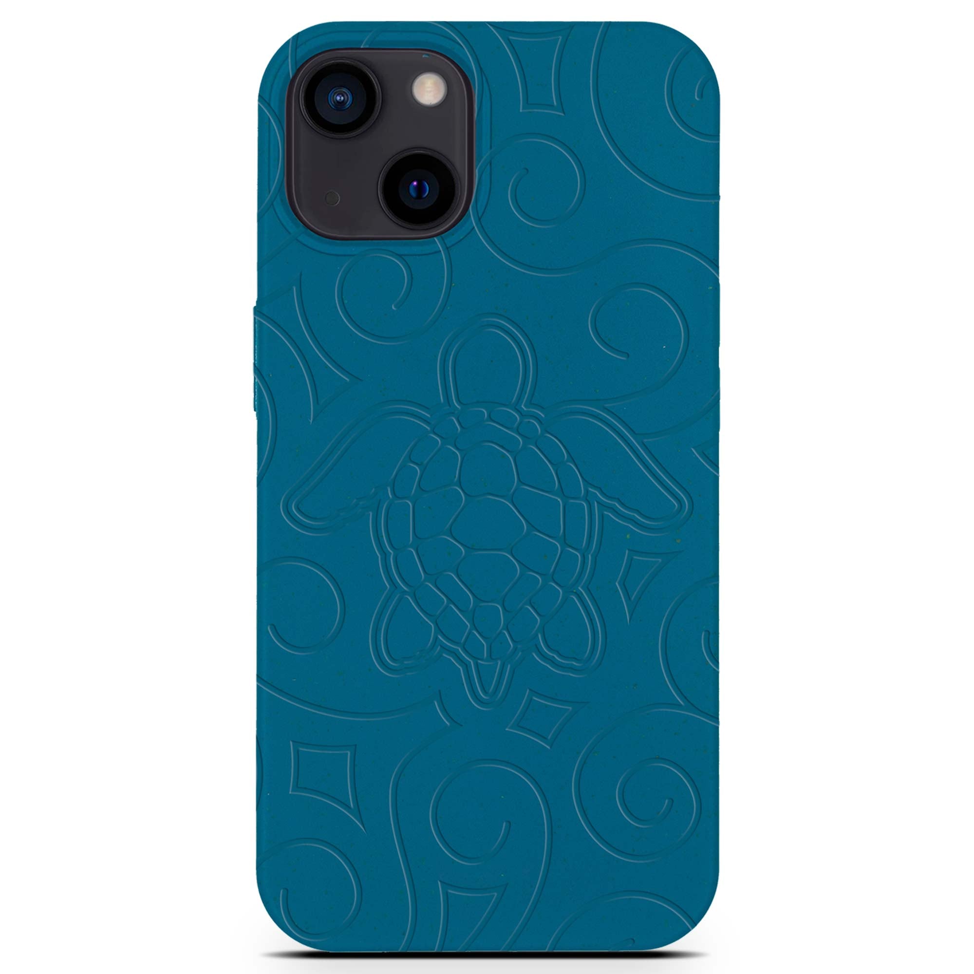 Ocean Turtle biodegradable phone case in ocean blue and black, showcasing its eco-friendly design and texture.