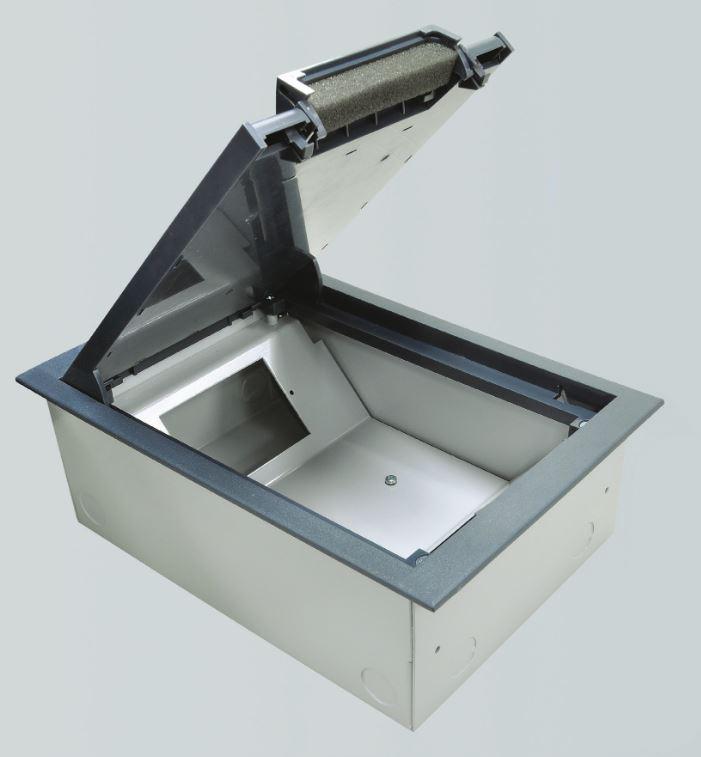 OE Elsafe Falcon Floor Box with built-in screed, showcasing its compact design and stainless steel finish.