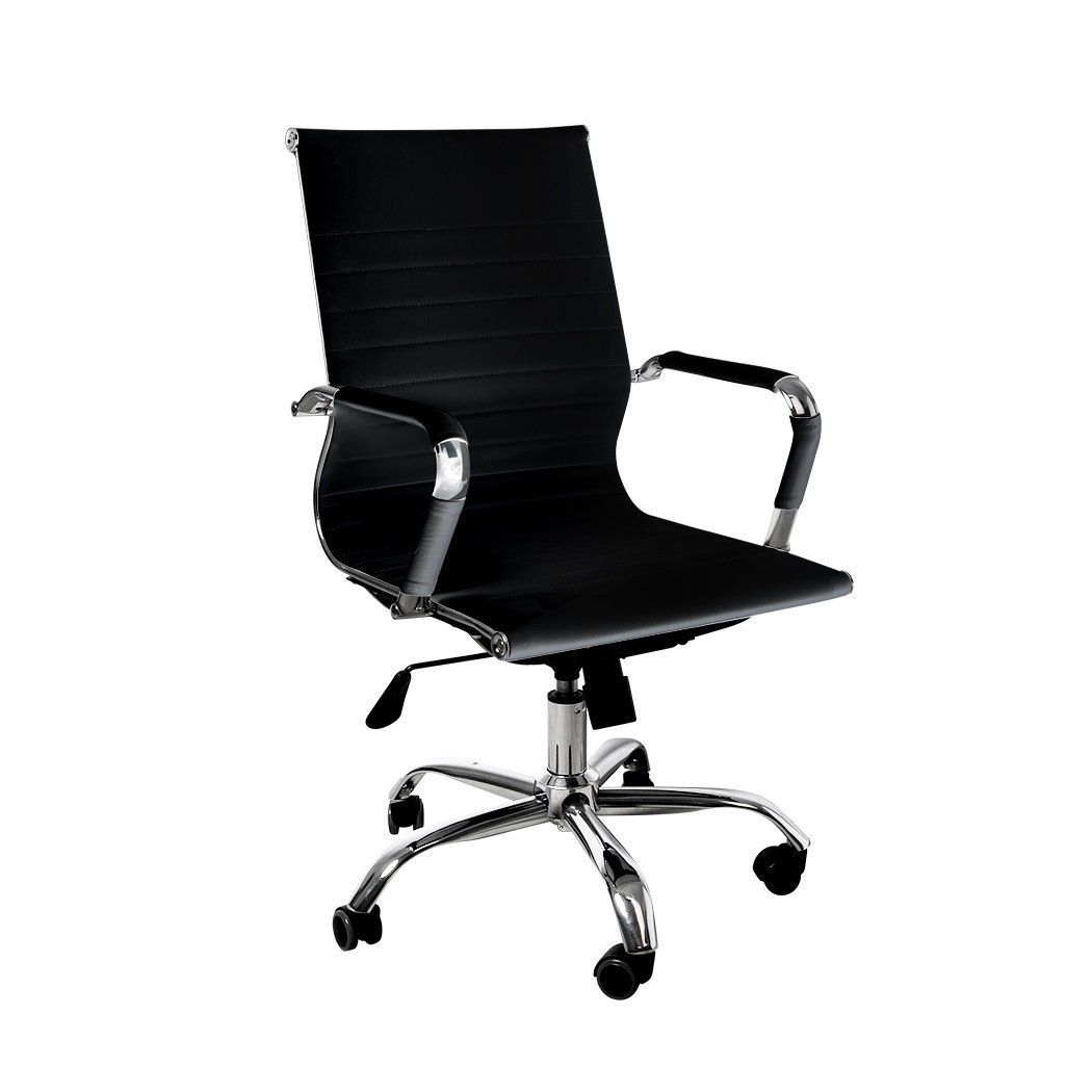 Stylish black PU leather office chair with chrome base and padded armrests, designed for comfort and mobility.