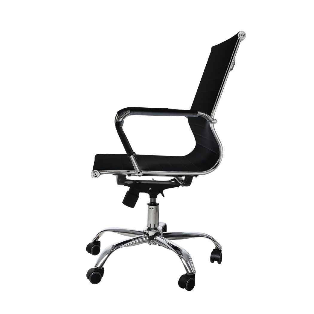 Stylish black PU leather office chair with chrome base and padded armrests, designed for comfort and mobility.