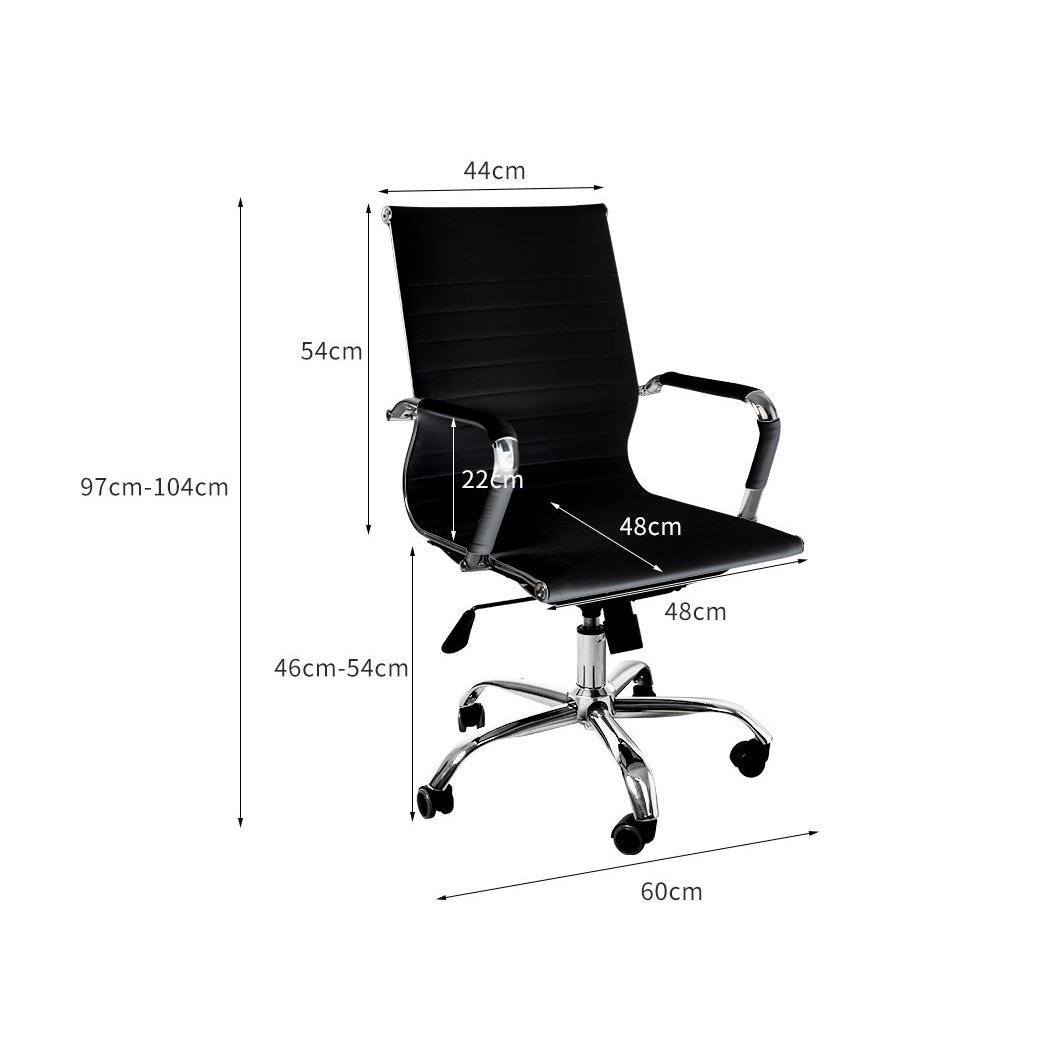 Stylish black PU leather office chair with chrome base and padded armrests, designed for comfort and mobility.