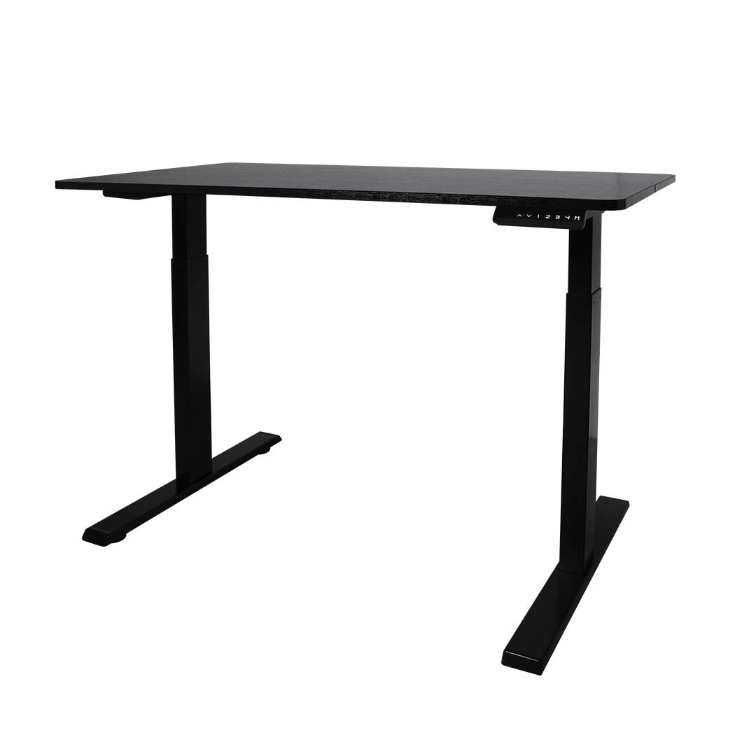 A sleek black motorised electric desk with height adjustment features, showcasing a modern design suitable for any office space.