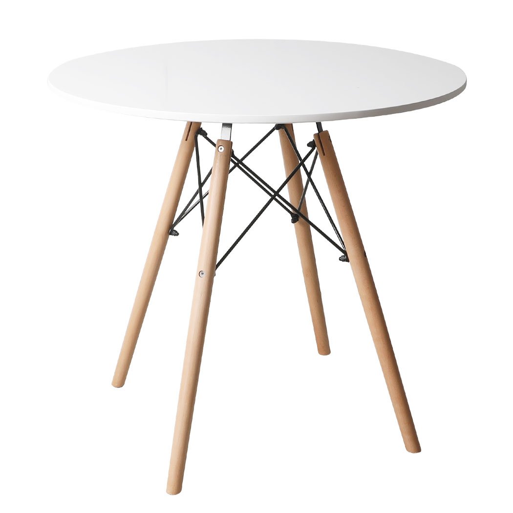 Modern round office dining table with a white MDF top and sturdy beech wood legs, perfect for meetings and casual gatherings.