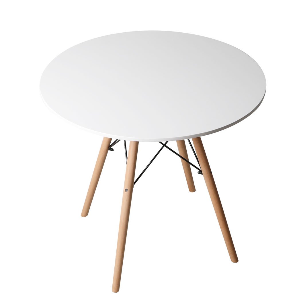 Modern round office dining table with a white MDF top and sturdy beech wood legs, perfect for meetings and casual gatherings.