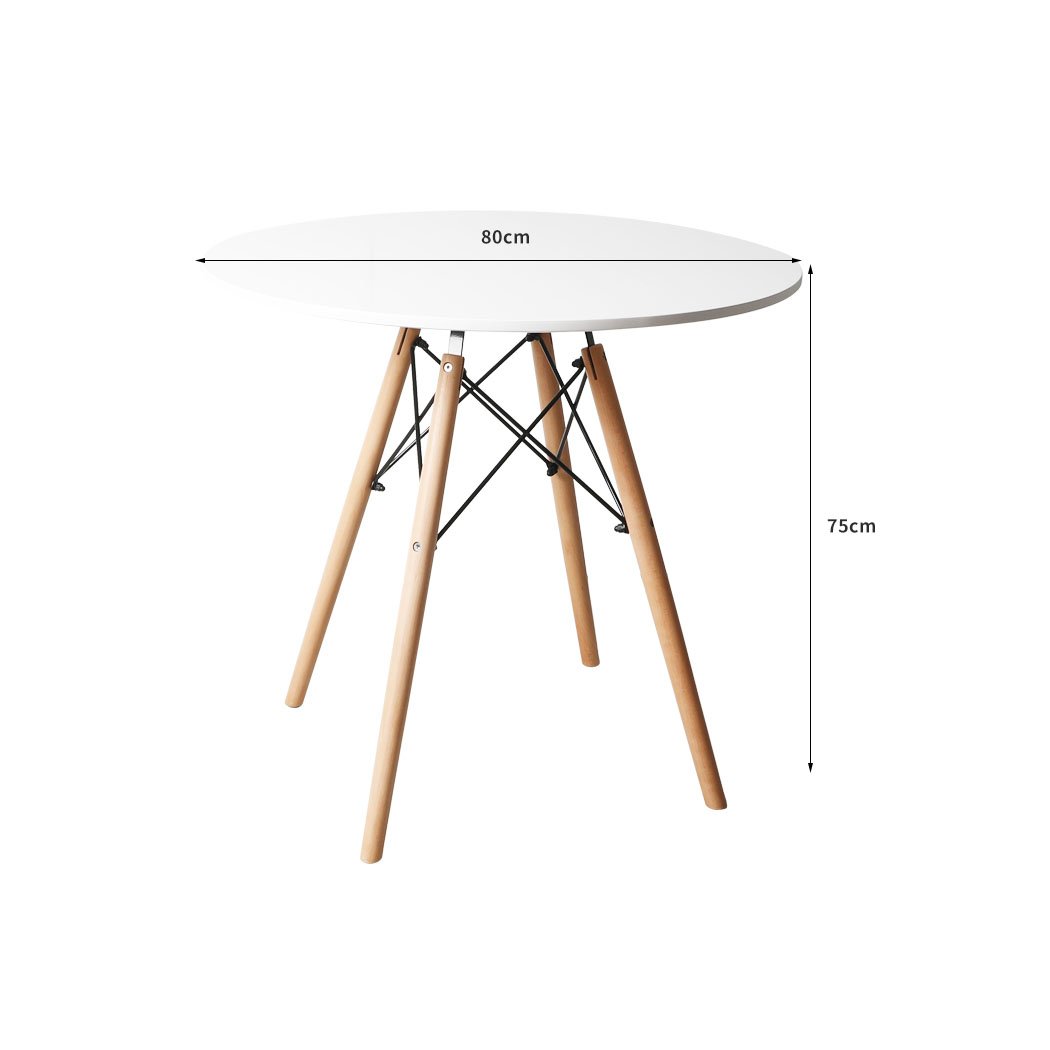 Modern round office dining table with a white MDF top and sturdy beech wood legs, perfect for meetings and casual gatherings.