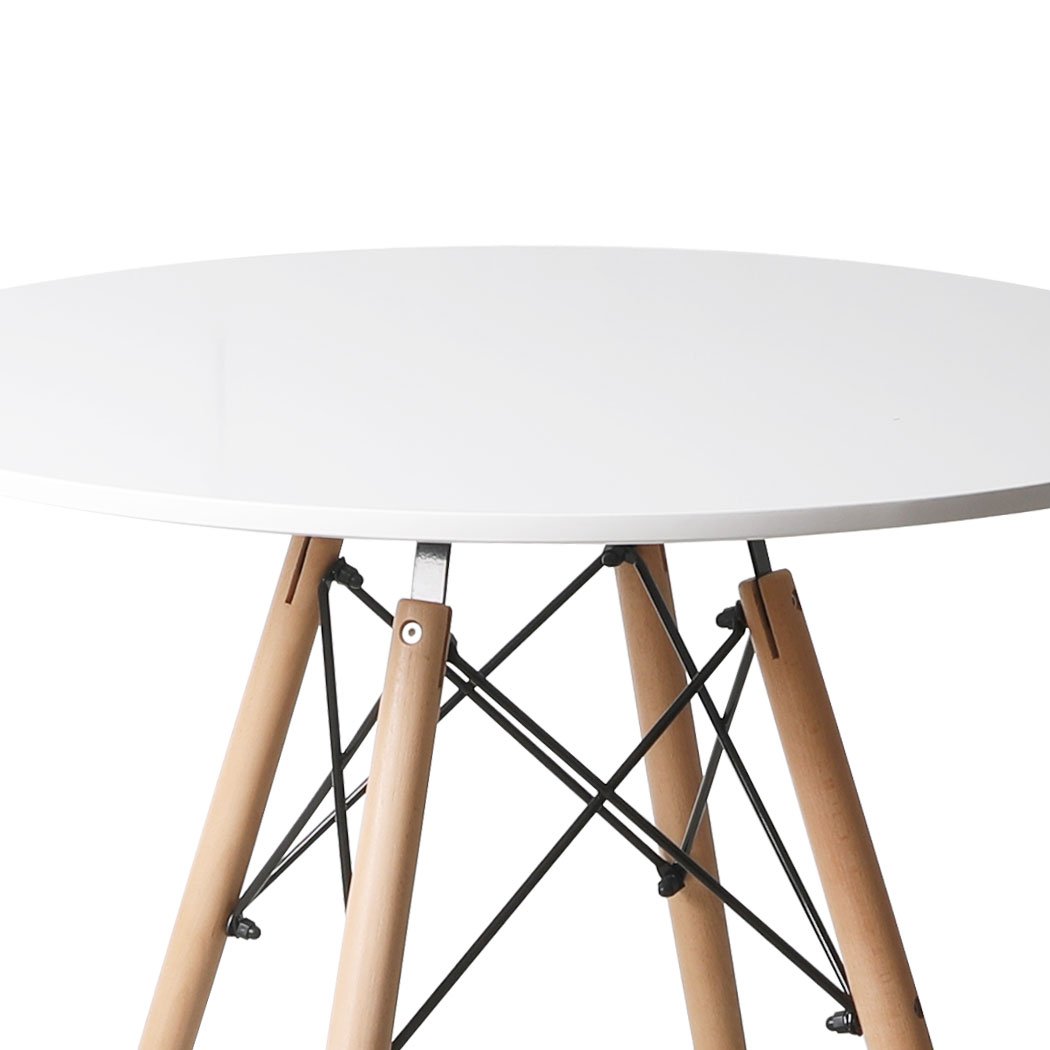 Modern round office dining table with a white MDF top and sturdy beech wood legs, perfect for meetings and casual gatherings.