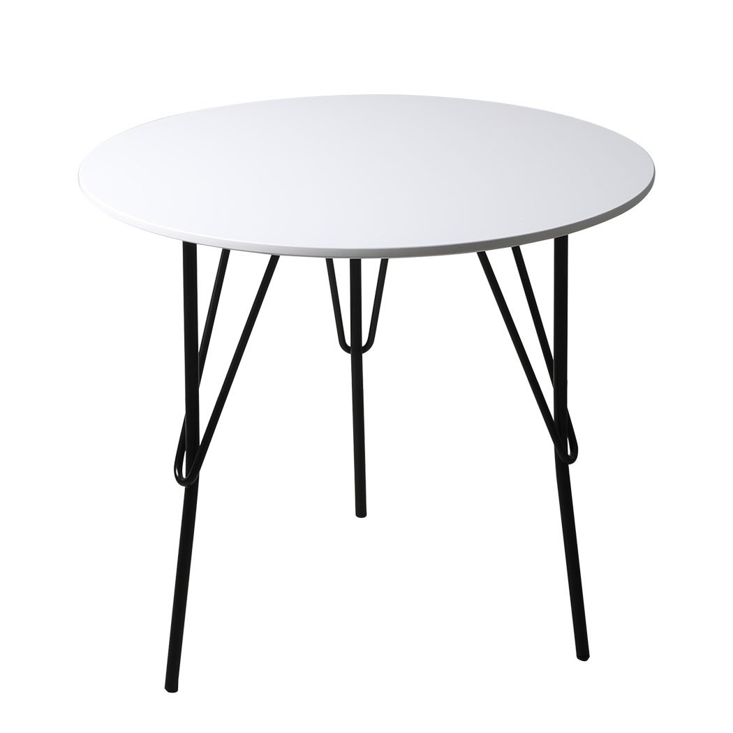 Modern round office meeting table with white MDF top and sturdy steel legs, perfect for home or office use.