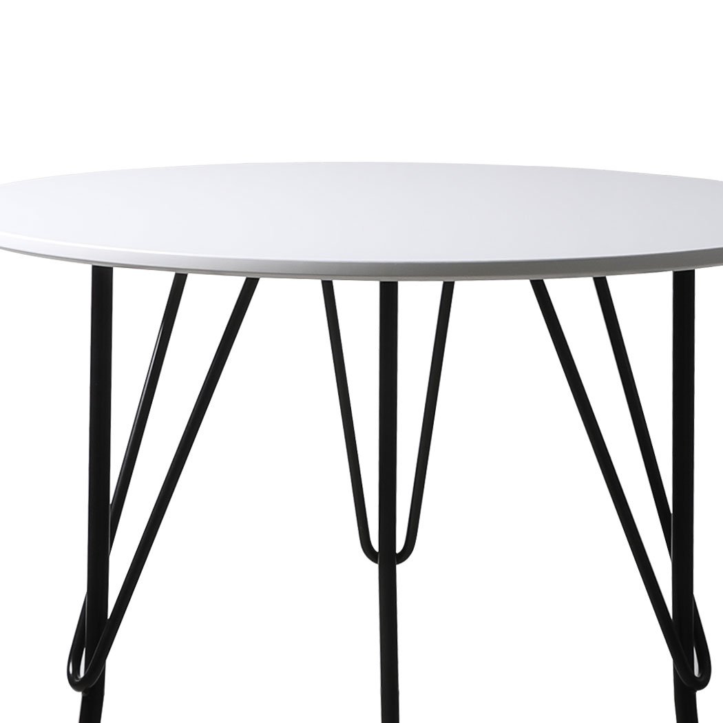 Modern round office meeting table with white MDF top and sturdy steel legs, perfect for home or office use.