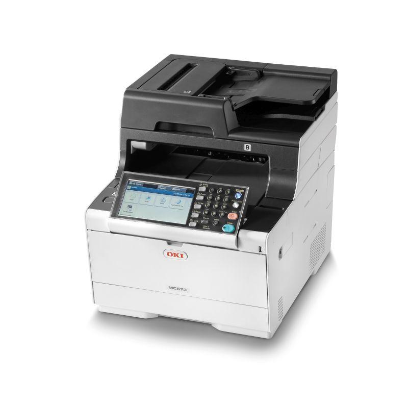 OKI MC573DN Colour MFP printer showcasing its sleek design and multifunction capabilities.