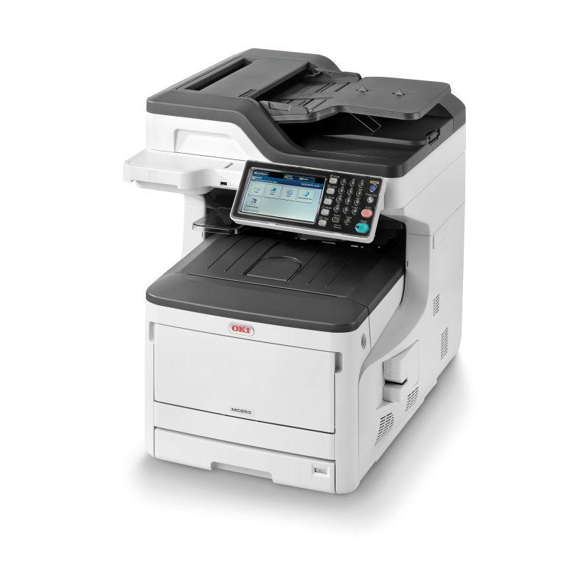 OKI MC853DN Colour MFP showcasing its sleek design and multifunction capabilities.