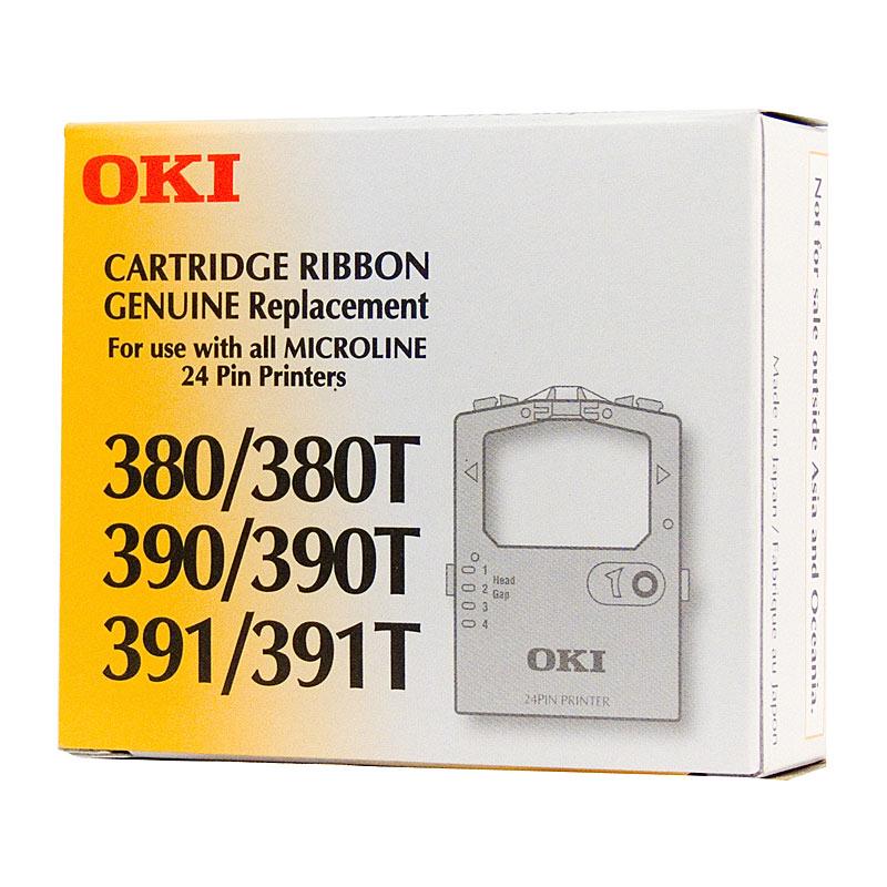 OKI Ribbon 380/390/391 Series black ribbon cartridge, designed for high-quality printing with a yield of 3 million characters.