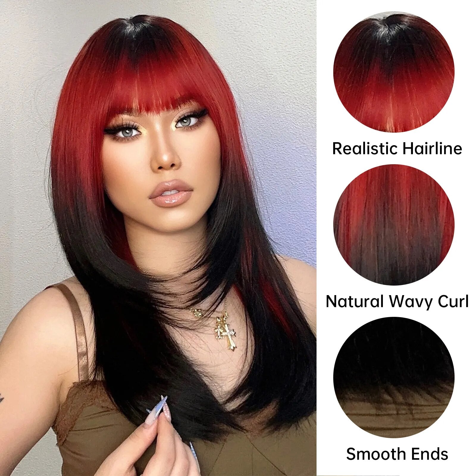 Ombre Red to Black Synthetic Wig with Bangs, showcasing long straight layered hairstyle, perfect for parties and cosplay.