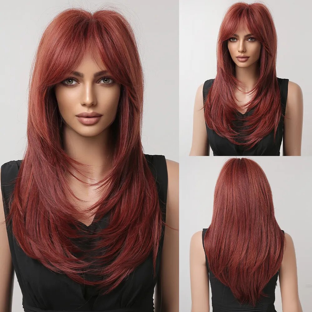 Ombre Red to Black Synthetic Wig with Bangs, showcasing long straight layered hairstyle, perfect for parties and cosplay.